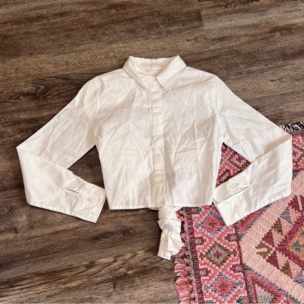 Jonathan Simkhai Cream Long Sleeve Tie-Front Blouse